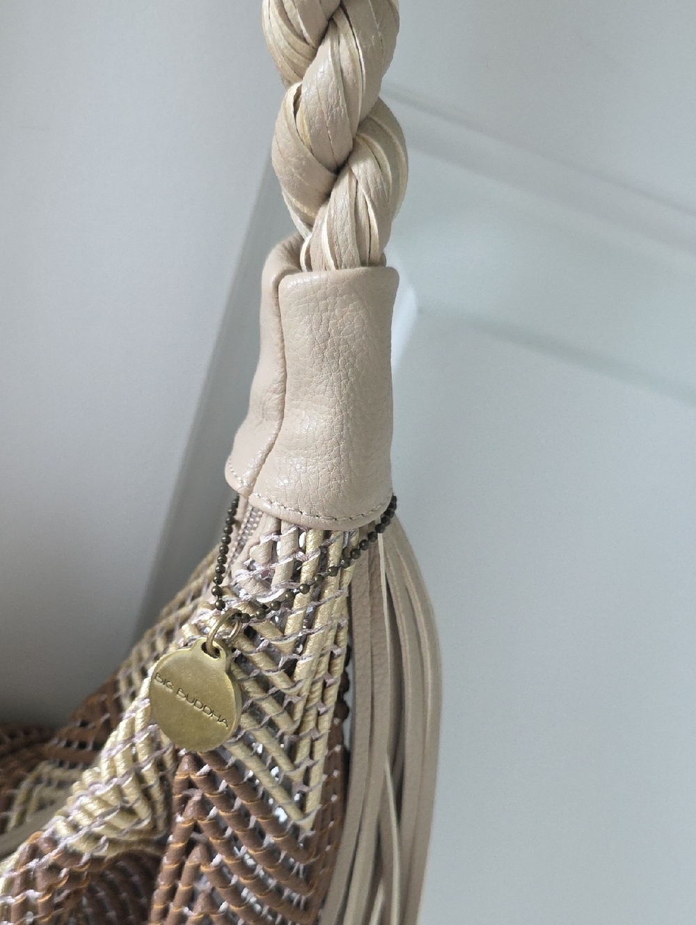 Big Buddha Tan/Brown/Cream Braided Cheveron Pattern Fringe Hobo Bag - Picture 2 of 9